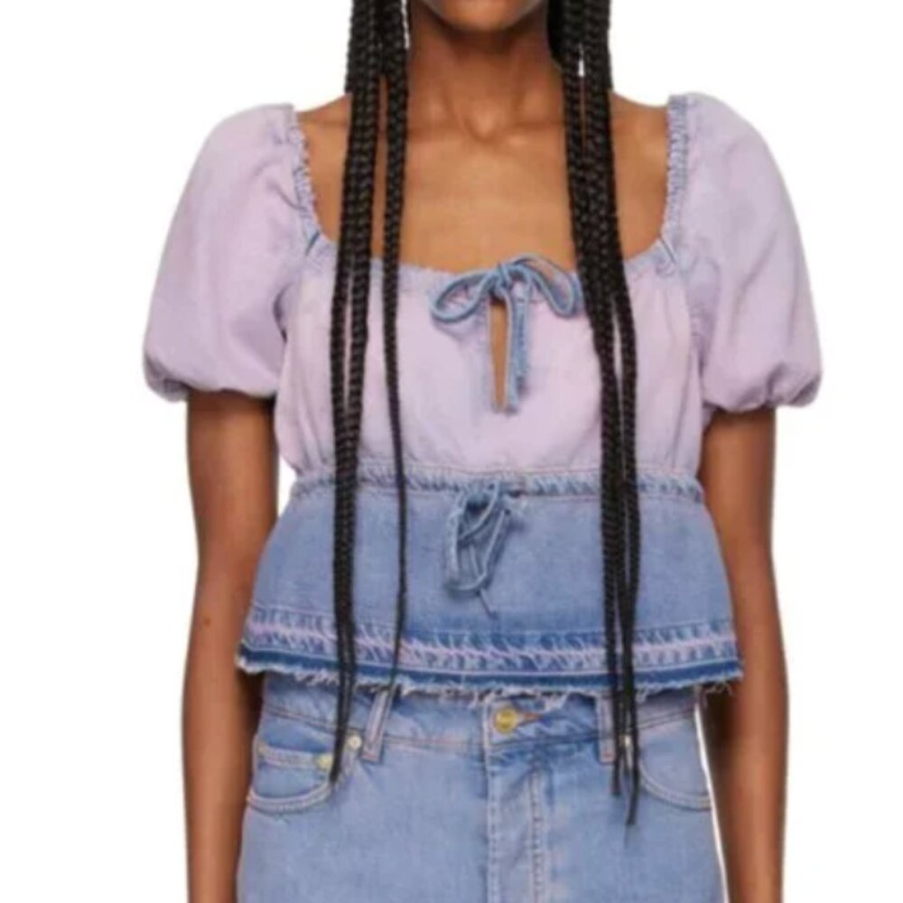 GANNI Blue & Pink Future Denim Puff Sleeve Blouse Size 38 / M